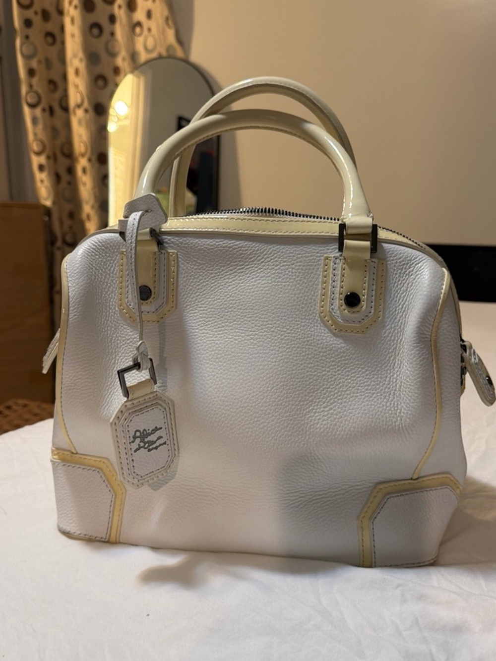 Alice + Olivia White Leather Satchel with Cream Trim